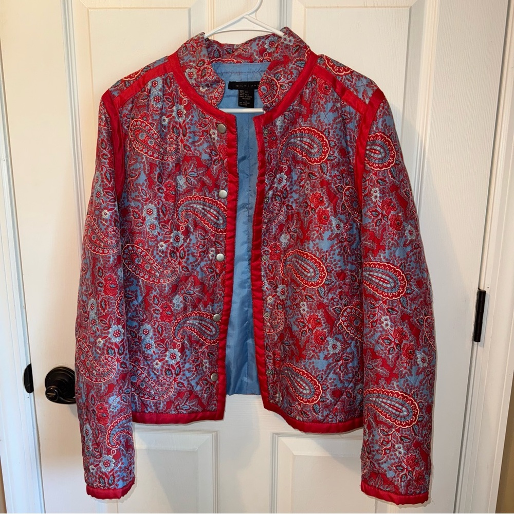 SilkLand Women’s Red & Blue Paisley  Jacket with Floral‎ Brocade Large 100% Silk